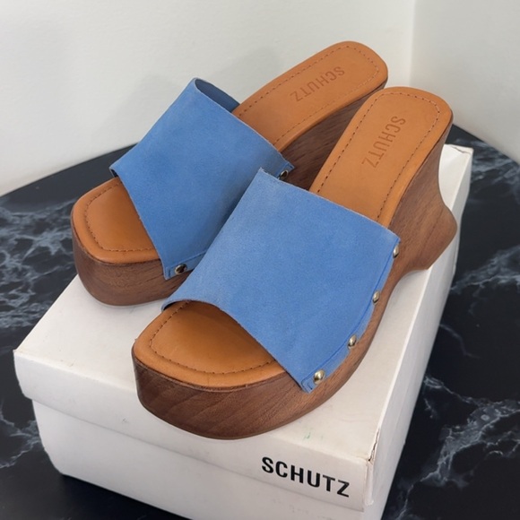 SCHUTZ Shoes - Schutz Blue Suede Wedge Heel Clog Sandals Lanneh Women's Size 8 AUTHENTIC NEW